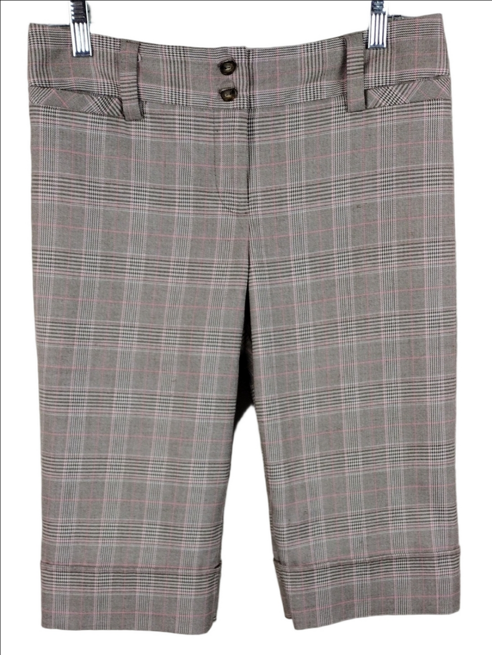 A. Byer Tan Pink Glen Check Plaid Mid Rise Button Zipper Cuffed Hem Capris Pant